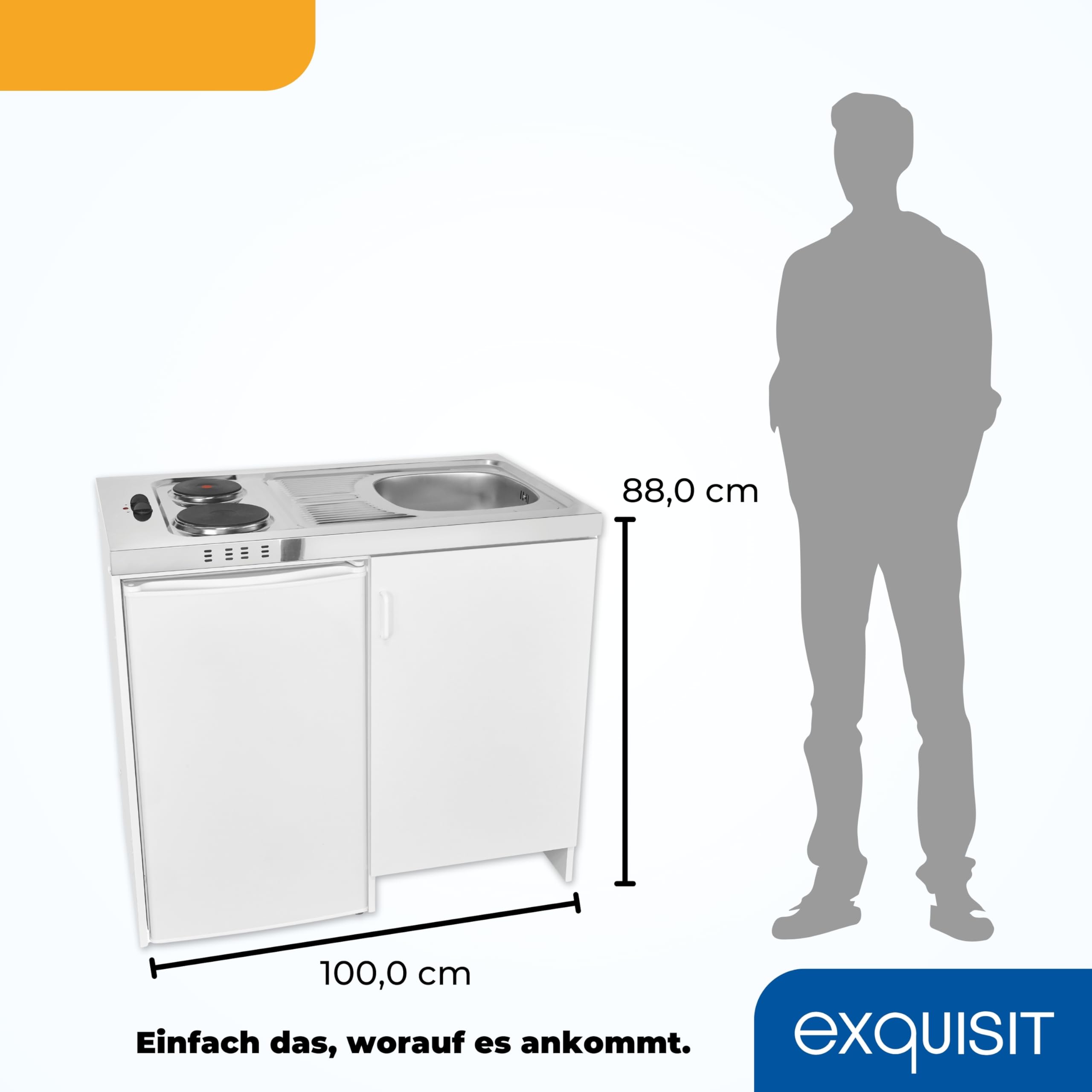 Exquisit Mini-Küche Pantry KK1085 weiss Kühlschrank 76 l Nutzinhalt Kochfeld Edelstahl-Spüle Spülschrank
