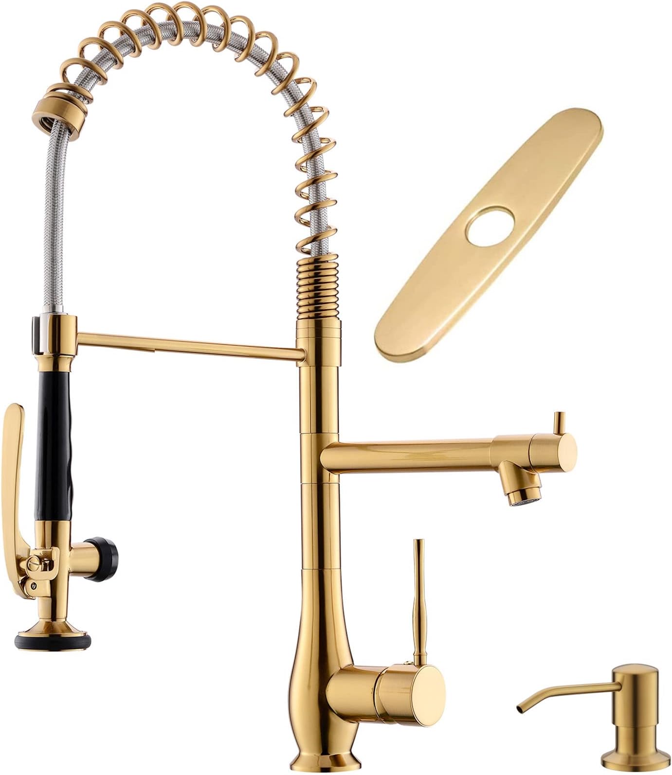 Commercial Kitchen Faucet with Pull Down Sprayer, Double Headed Single Handle High Pressure Kitchen Faucet with Soap Dispenser Brushed Gold