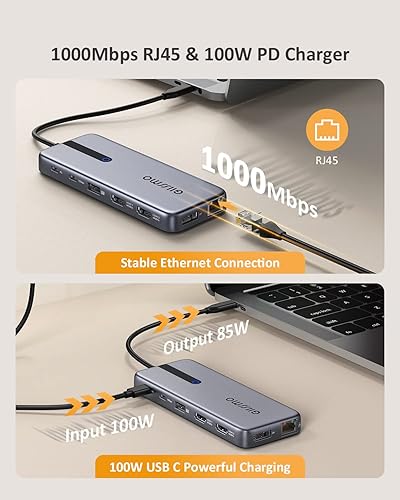 Miniatura 6 de Estación de acoplamiento USB C para laptop, estación de acoplamiento 13 en 1, adaptador multipuerto con 2 HDMI, DP, RJ45, 10Gbps USB CA 3.1, 100W
