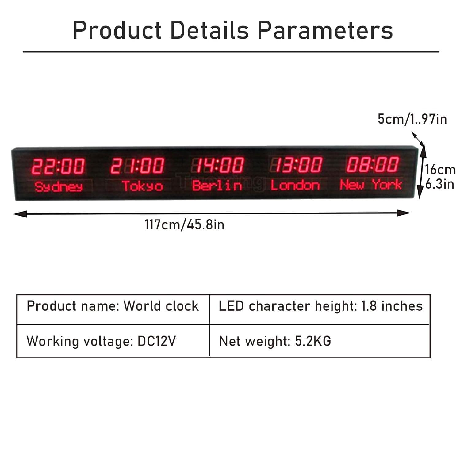 Zegar ścienny LED na świecie, 5 miejskich stref czasowych, duży zegar cyfrowy, możliwość zmiany miasta, 3-stopniowa regulacja jasności, aluminiowa obudowa, na lotniska, hotel, biuro