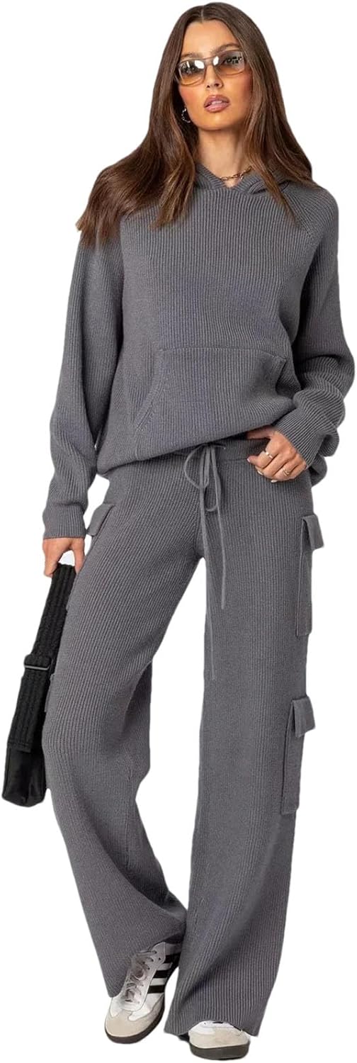 Women Knitted Multi-Pocket Pants Set Sportswear Sweater Knit Set Long-Sleeved Hooded Sweater Two-Piece Set