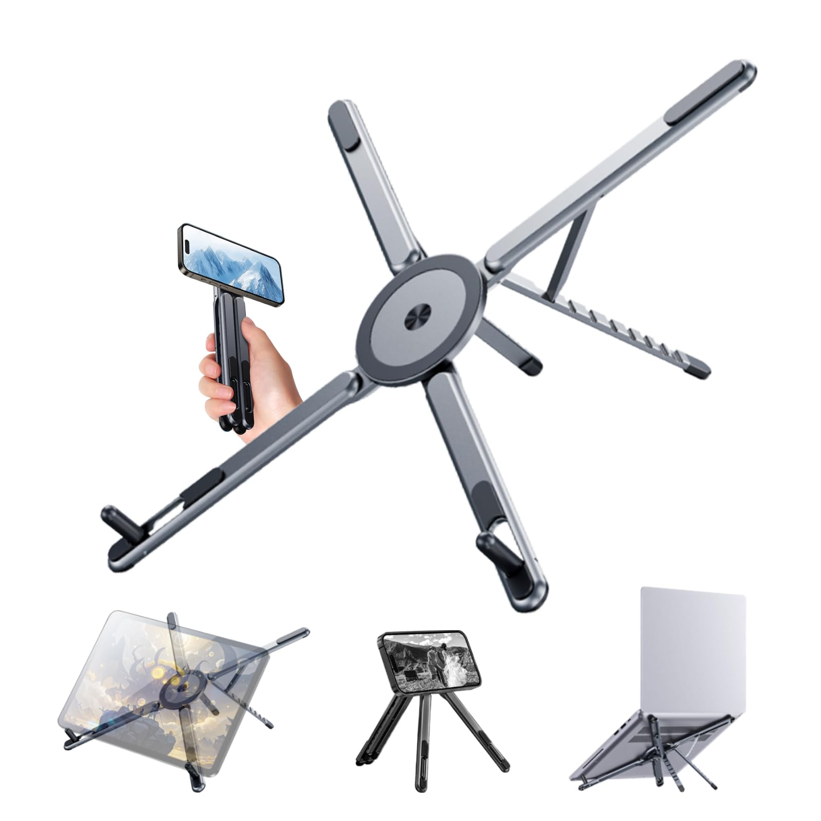 Multi-Device Magnetic Stand Compatible with Magsafe, Foldable Aluminum Alloy, 3-in-1 Laptop/Tablet/Phone Holder, Supports Handheld or Desktop Mode, Portable Travel Design, Gray-image-23