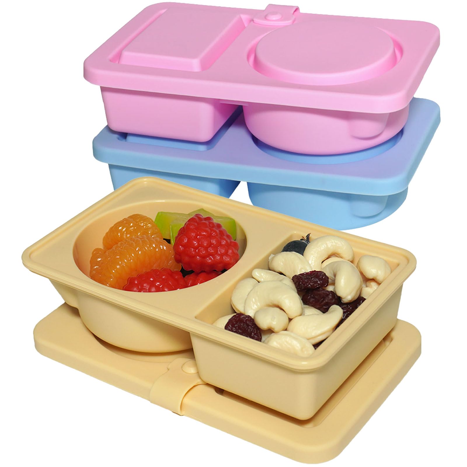 LCHLZZ 3 Pack Silicone Reusable Snack Containers with Lids, Double Compartment Snackle Box Container BPA-Free, Small Salad Dressing Sauce Condiment Container for Travel, Office, Picnic