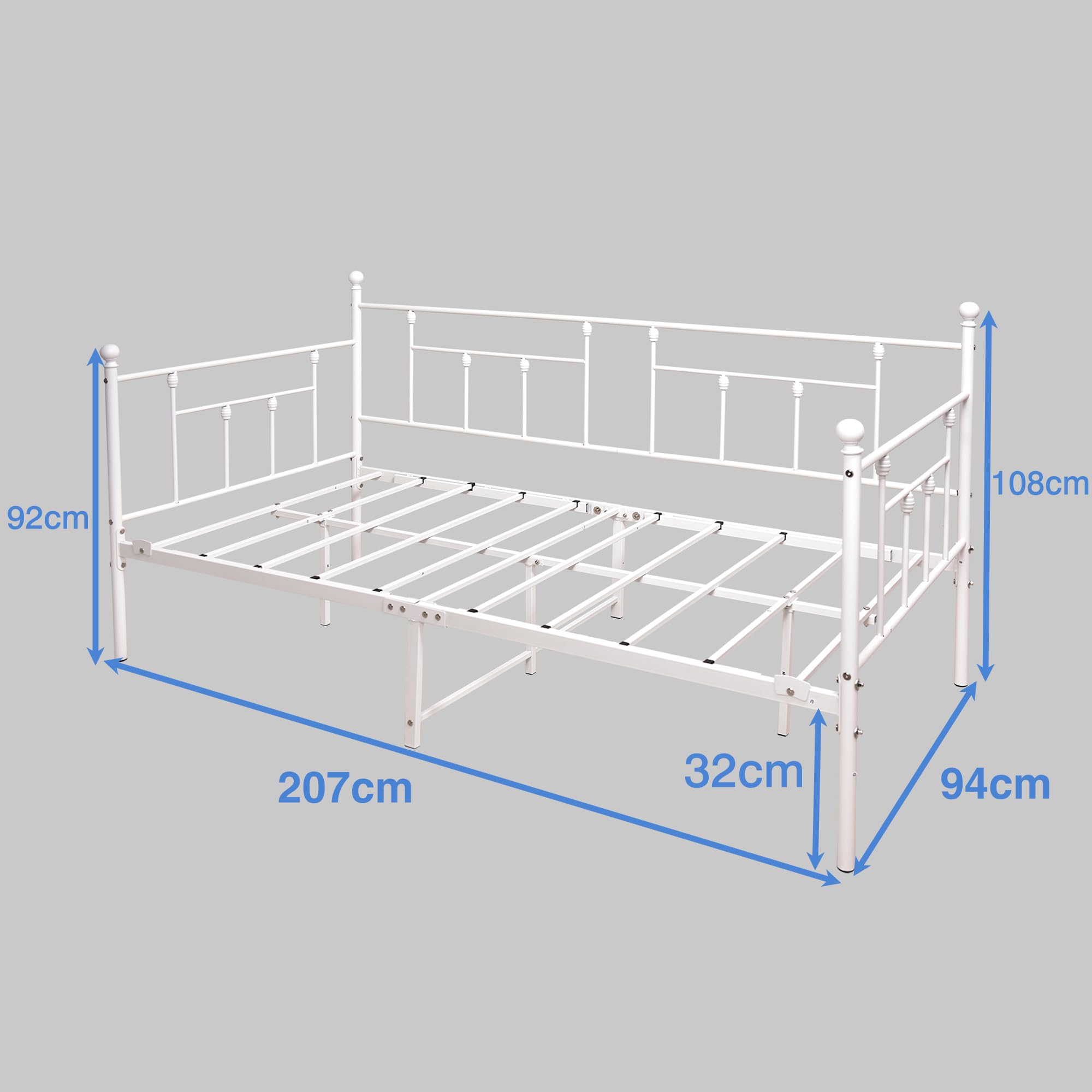 Marco de cama de 90 x 200 cm, sofá individual con somier de láminas para habitación de invitados, jóvenes, cama de metal para dormitorio, sala de estar, color blanco