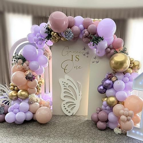 Vista 7 de Kit de arco de globos de color rosa pastel, morado, guirnalda de globos de mariposa, arco iris, color macarrón, verde salvia, albaricoque, rubor