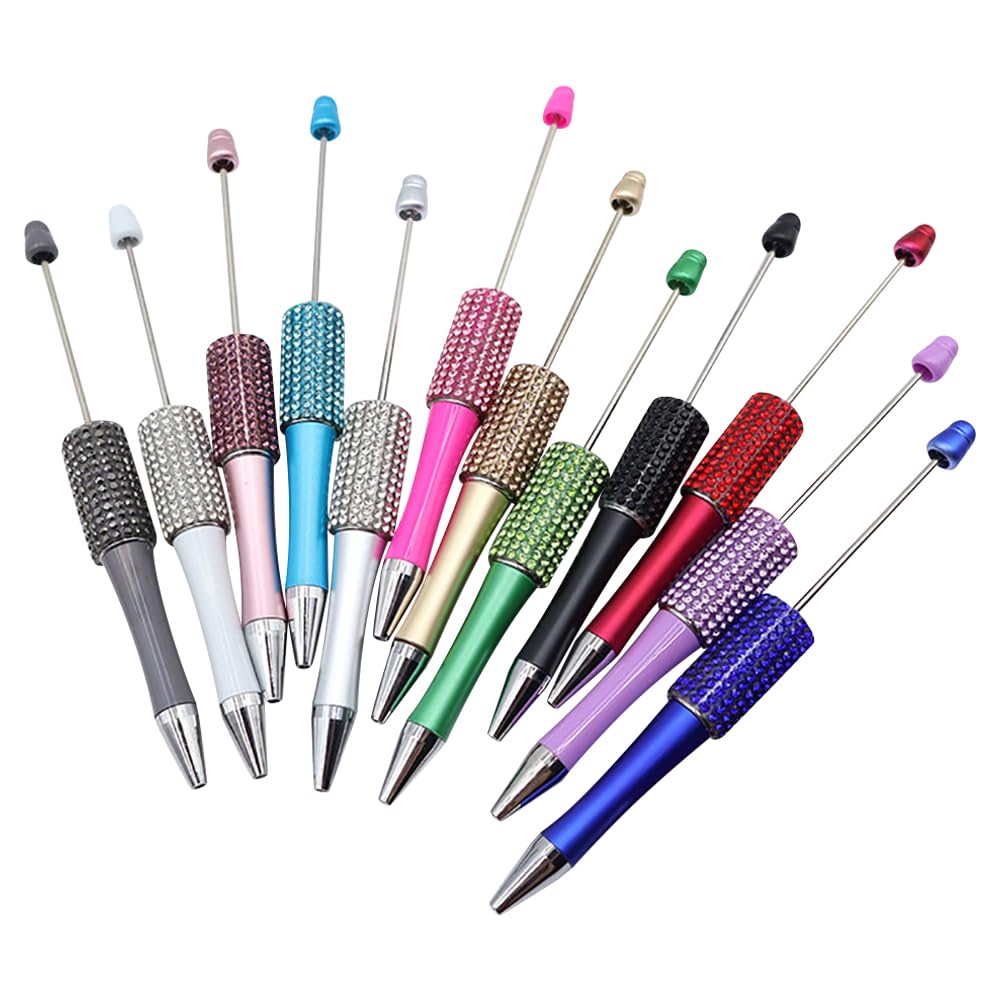 JIHUOO 12 Pcs Bling Rhinestones Beadable Ballpoint Pens Diamond DIY Beaded Pens Handmade Plastic Bead Pens Glitter Beadable Pen Blanks Crystal Black Ink Pens Cute Journaling Pens Solid Color