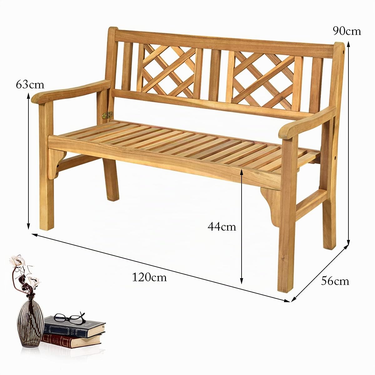 RELAX4LIFE Panchina Pieghevole da Giardino, Panchina a 2 Posti in Legno Massello, Panca Decorativa con Sedile Ampio e Schienale Comodo, Panca Elegante per Terrazzo e Cortile, 120,5x57 x x 90 cm
