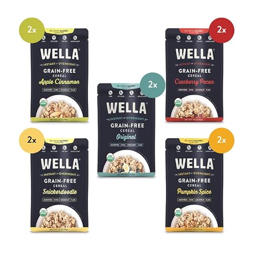 Wella Grain Free Cereal Oatmeal Alternative – Organic Cereal, Vegan High Protein Gluten-Free Superfood – Paleo Plant-Based Non-GMO – Low in Net Carbs – 10 Pack Flavor Sampler – 2 of Each Flavor
