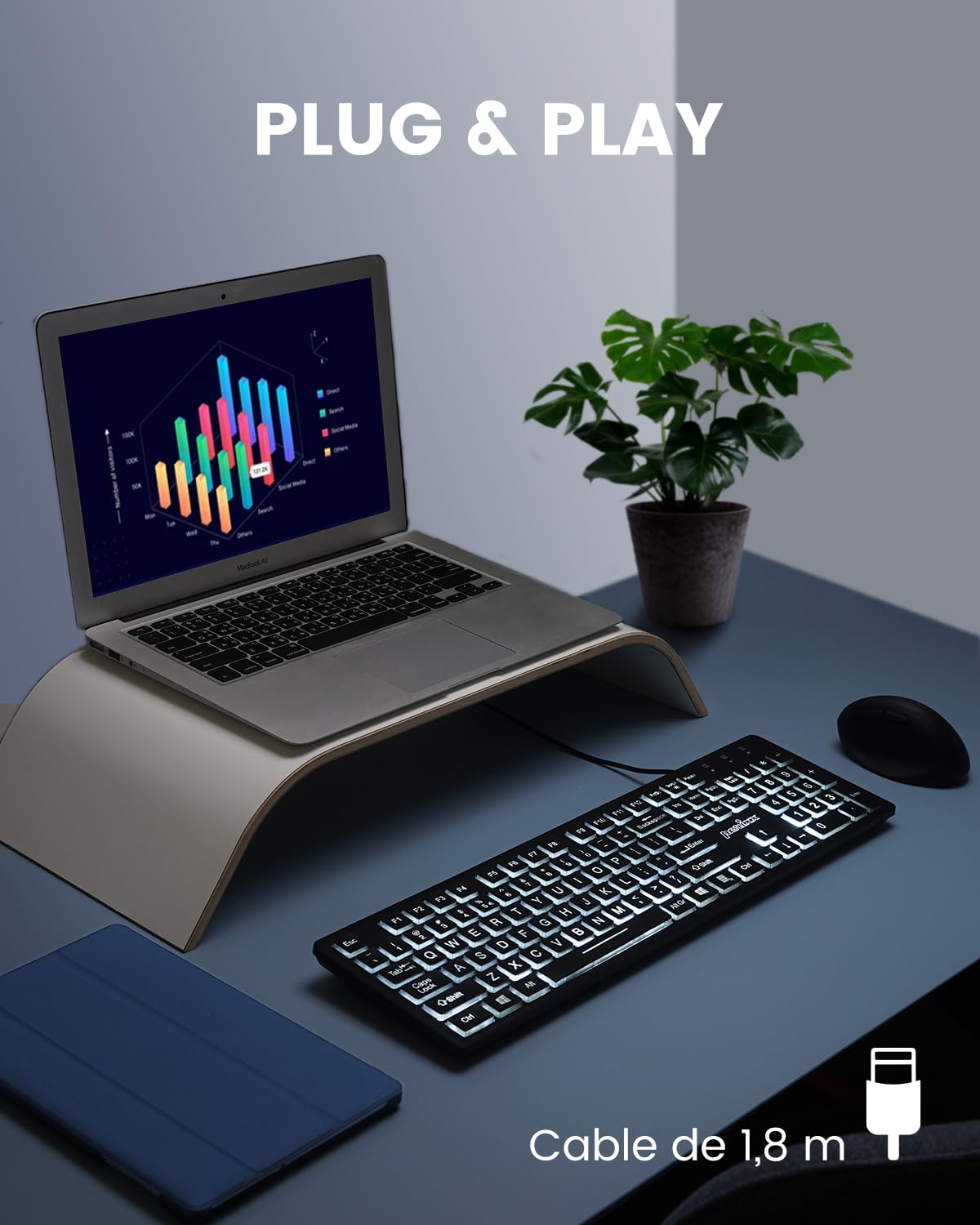 Perixx PERIBOARD-317ES ES un teclado con Cable y retroiluminado LED, Letras impresas en Grande con iluminación Blanca, Teclado Full Size, QWERTY Español