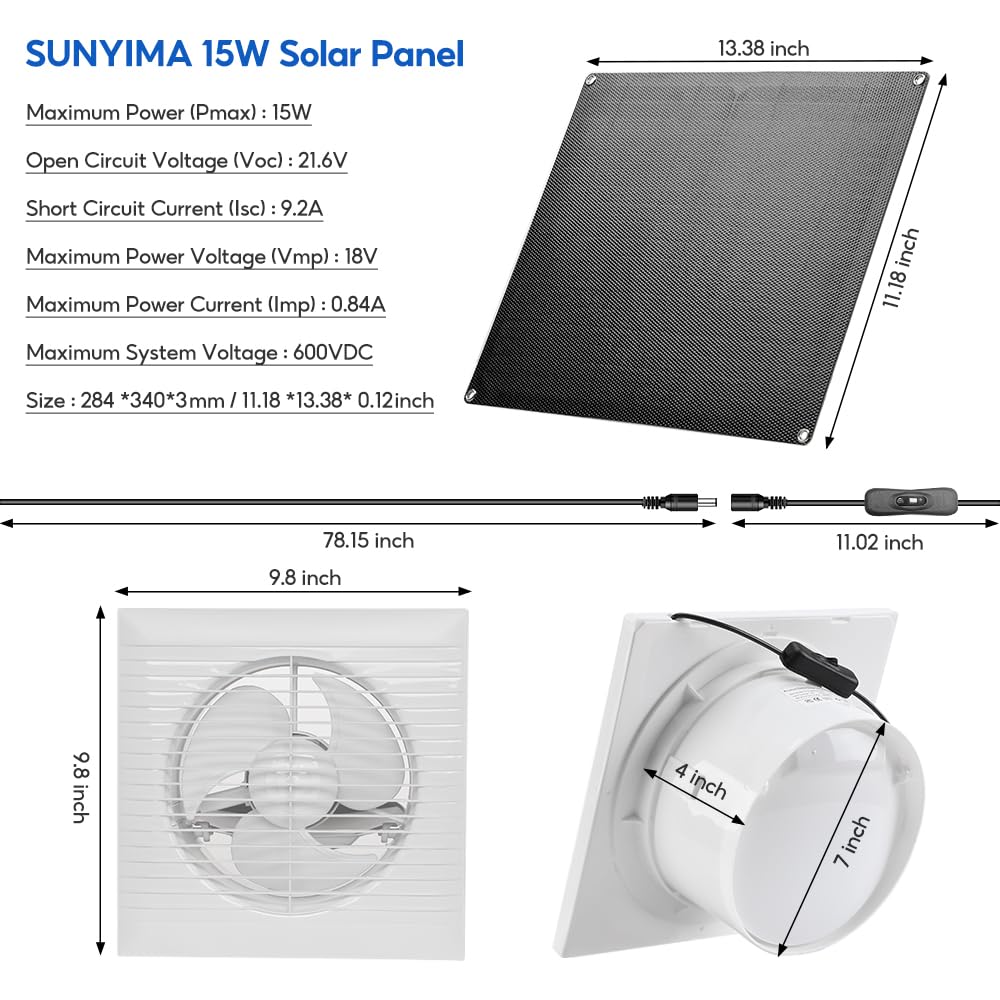 Ventilador solar de 15 W, 8 pulgadas para exteriores, resistente a la intemperie, con línea de interruptor de CC, extractor solar para invernaderos, gallineros, cobertizos, perreras