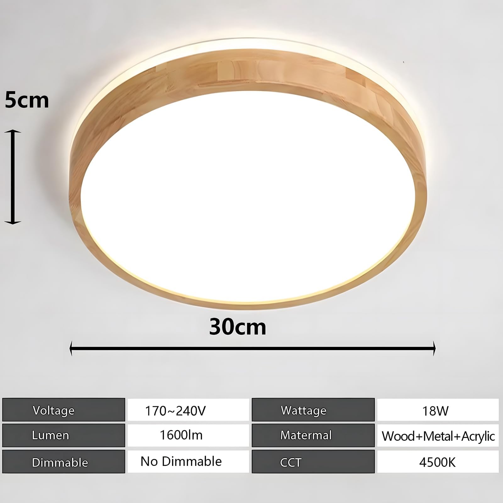 YYUTLUO LED Ceiling Light Wood, Top 360° Glow Round Natural Wooden Lamp, A:ø30cm - Natural White 4500k (No Dimmable) - Image 4