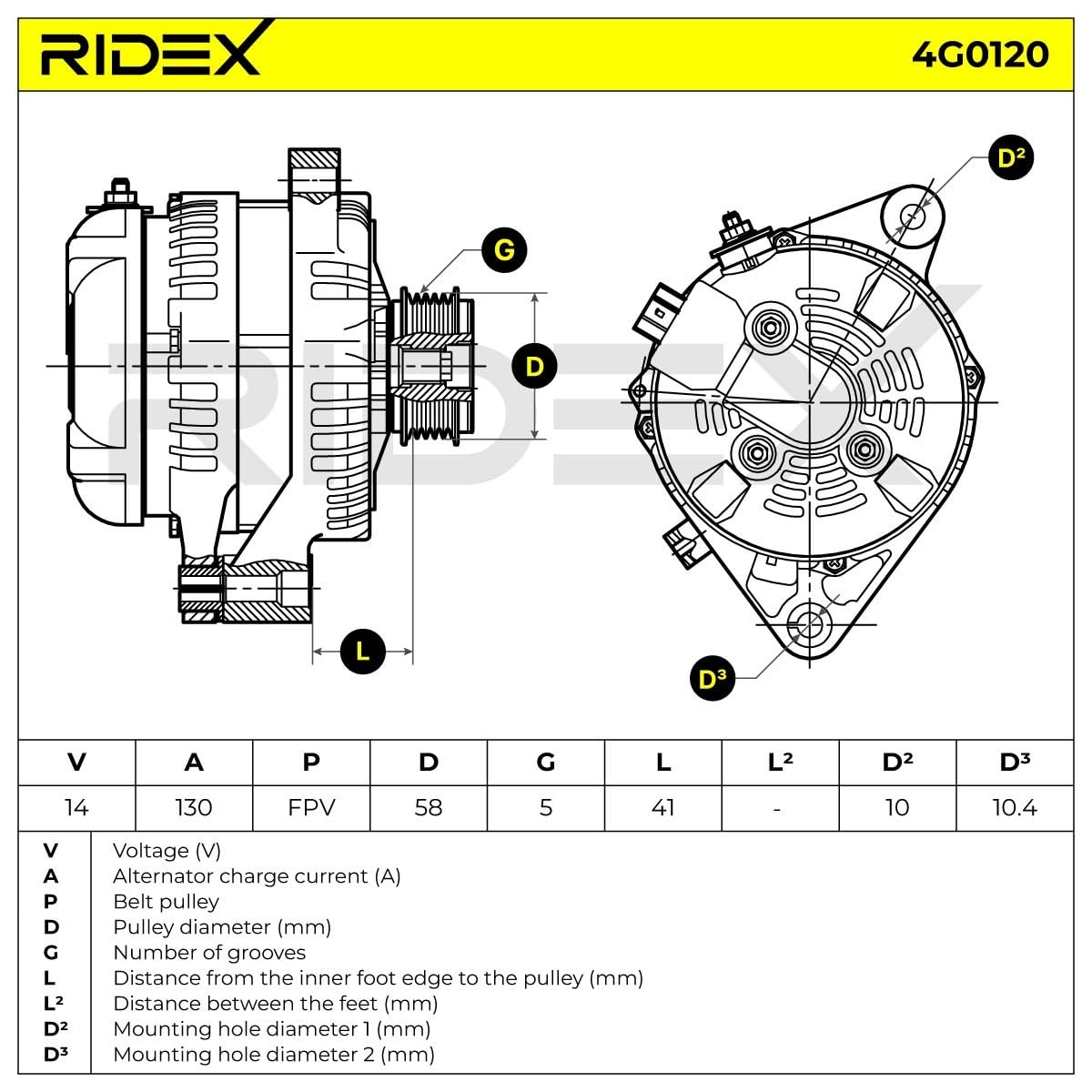 Alternator Generator RIDEX 4G0120 130A 14V Kompatybilny z TOYOTA COROLLA ZZE12, NDE12, ZDE12 Avensis Verso M2 PREVIA MCR3, ACR3, CLR3 COROLLA Liftback E11 COROLLA Verso ZER, ZZE12, R1