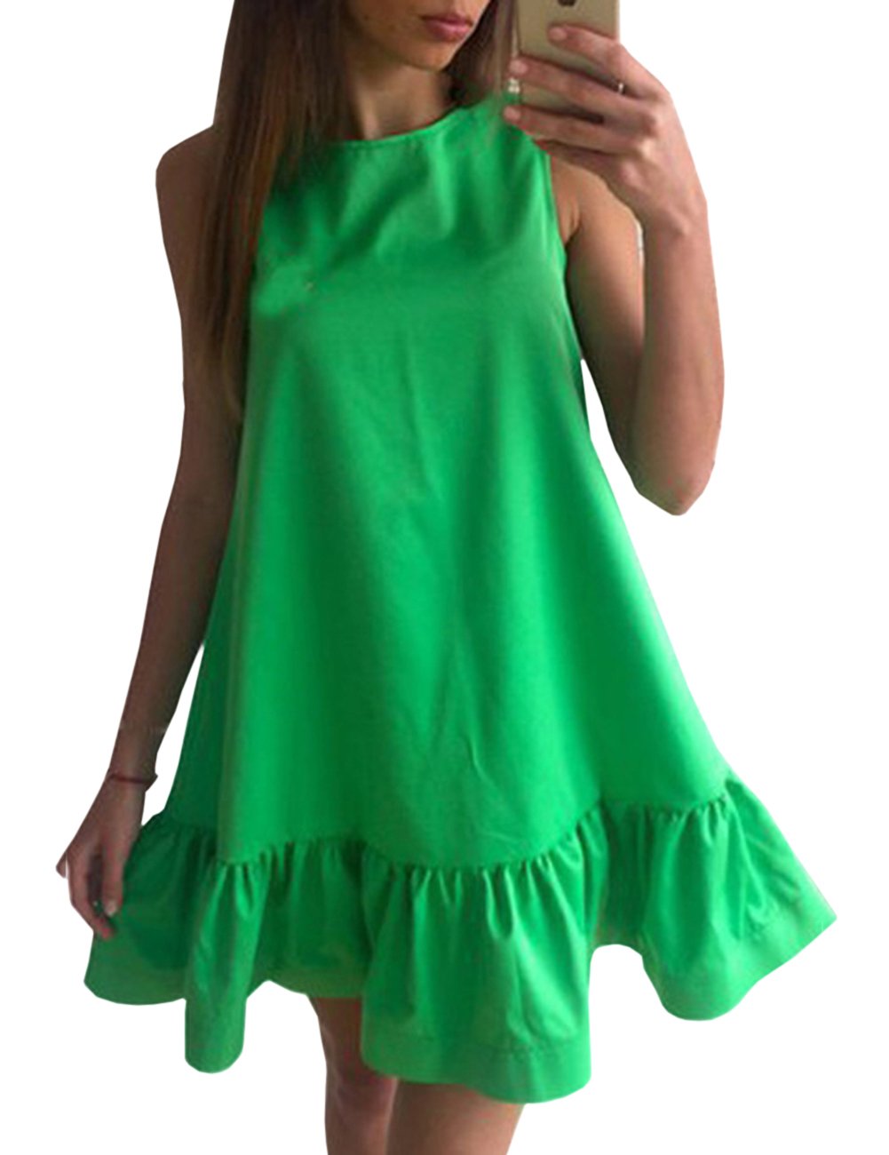 Ninimour Womens Flounce A Line Sleeveless Mini T-shirt Dress Green L