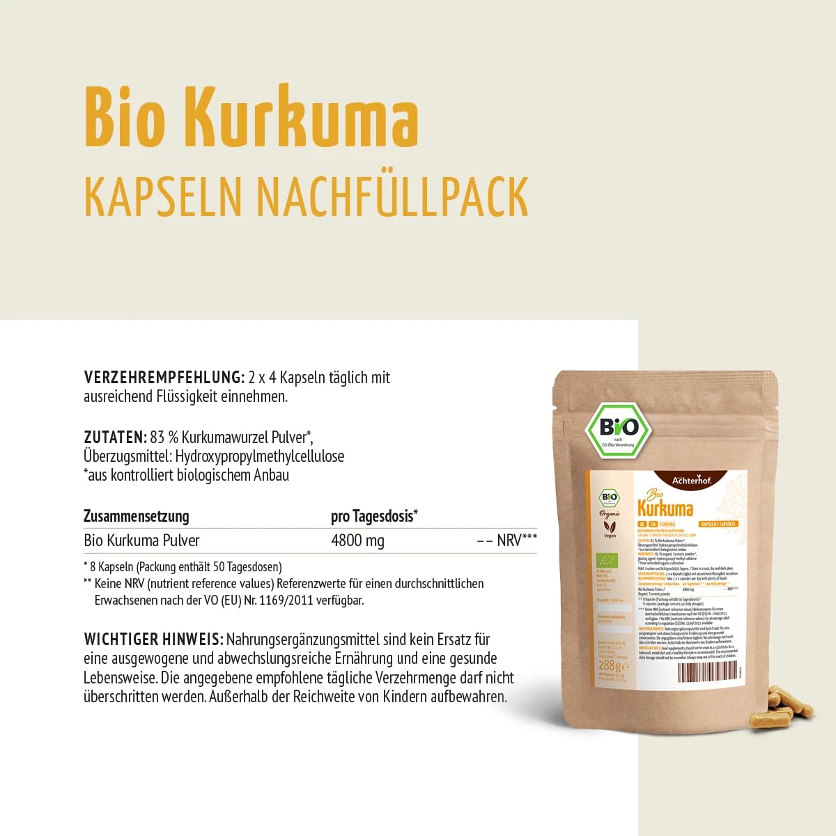 Capsule di curcuma biologiche in confezione di ricarica | 400 pezzi | 4800 mg di curcuma per dose giornaliera | radice di curcuma appena macinata di qualità biologica | vom Achterhof