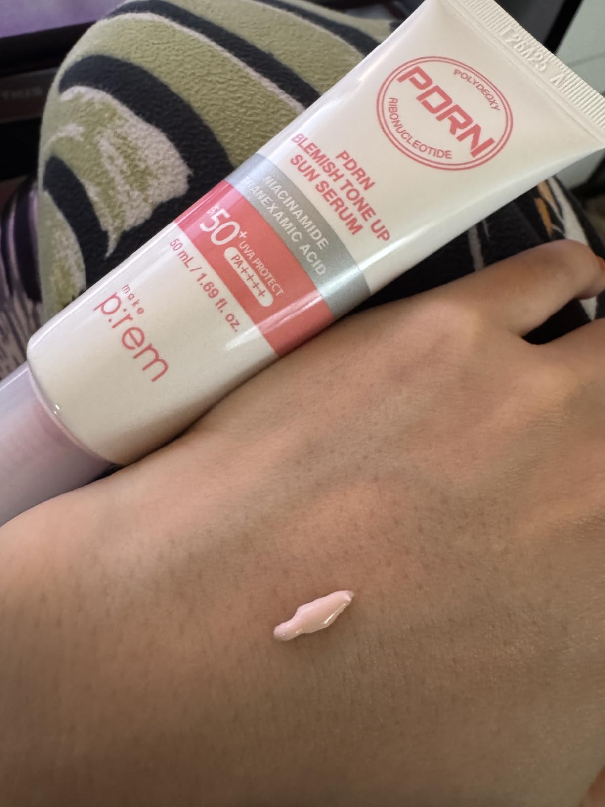 MAKEP:REM MAKE P:REM PDRN Tone-Up Sun Serum SPF 50, Korean Sunscreen, Lightweight Tinted Facial Sunscreen with Rosy Beige Tone-Up Effect, Radiant Glow Finish, Makeup-Friendly Daily Sunscreen, 1.69 fl oz (50ml)