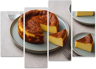 Delicious sliced baked Basque Burnt Cheesecake plat served for eating Canvas Prints Wall Decor 4 Pieces Contemporary Framed Artworks for Living Room Bedroom Bathroom Office Home Decoration Gifts