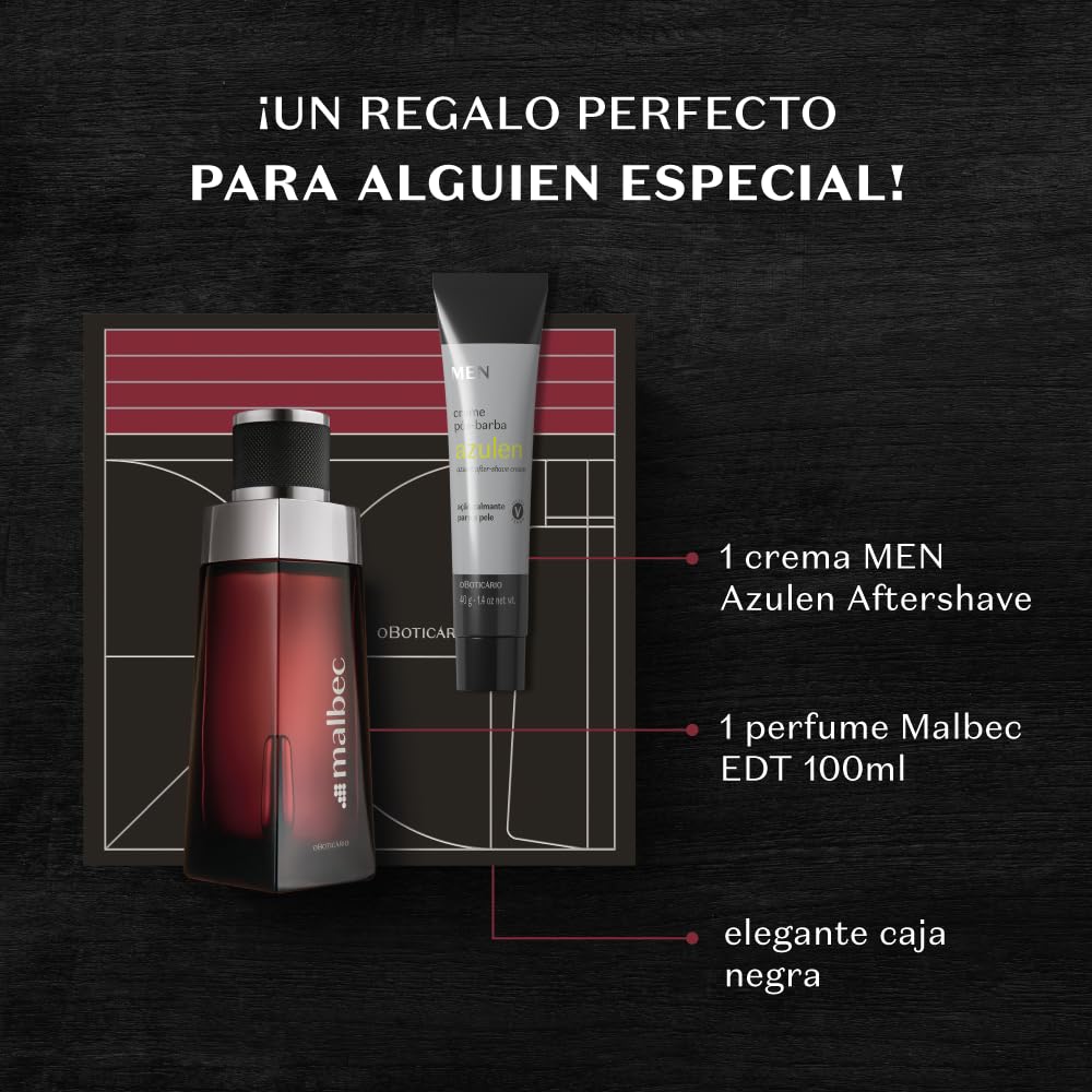 O Boticário Malbec Coffret Regalo Set Perfume y Cuidado de la Piel | Malbec Perfume EDT 100 ml y Crema MEN Azulen Aftershave 40g