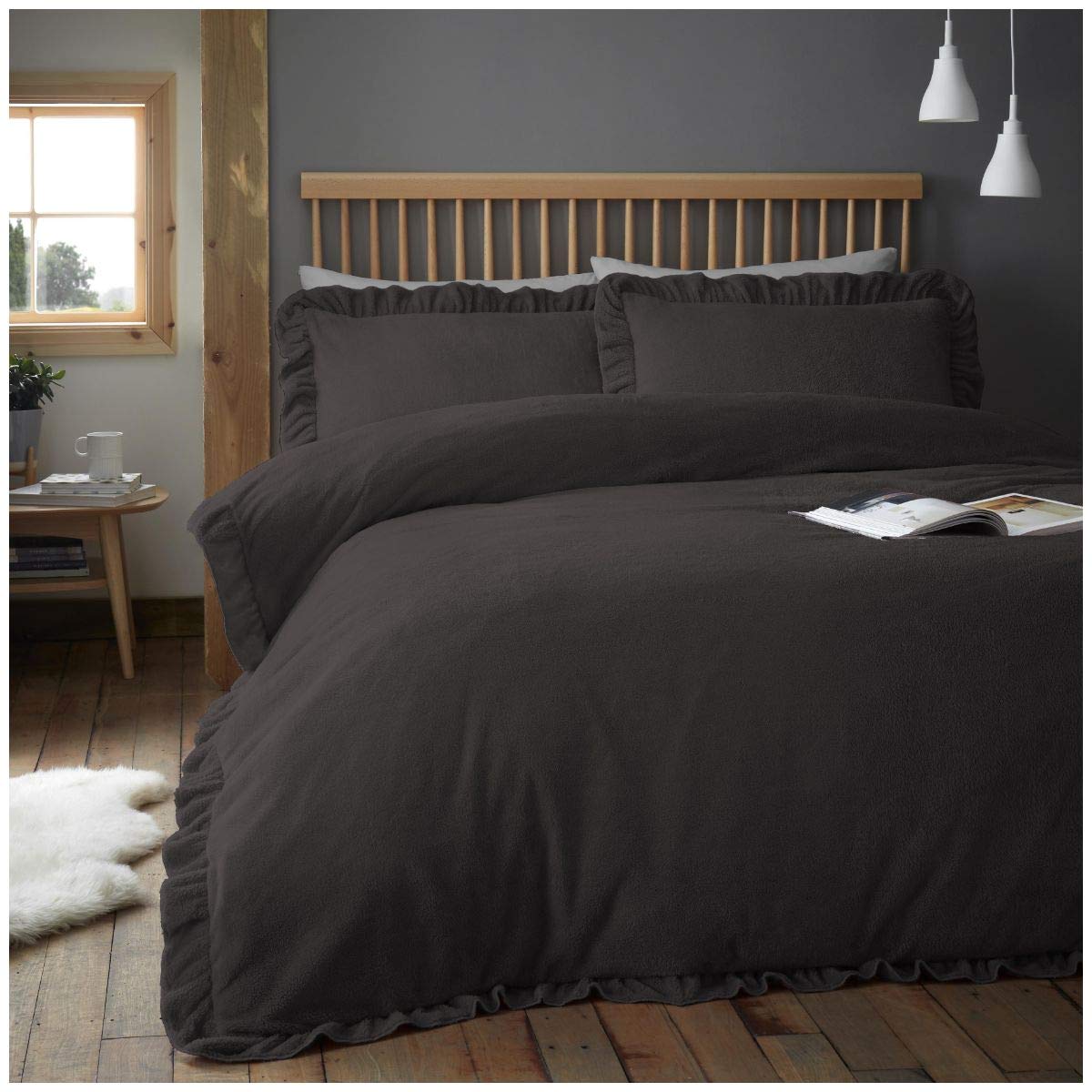 Funda de edredón Teddy para dormitorio nórdico moderno en color gris oscuro suelto