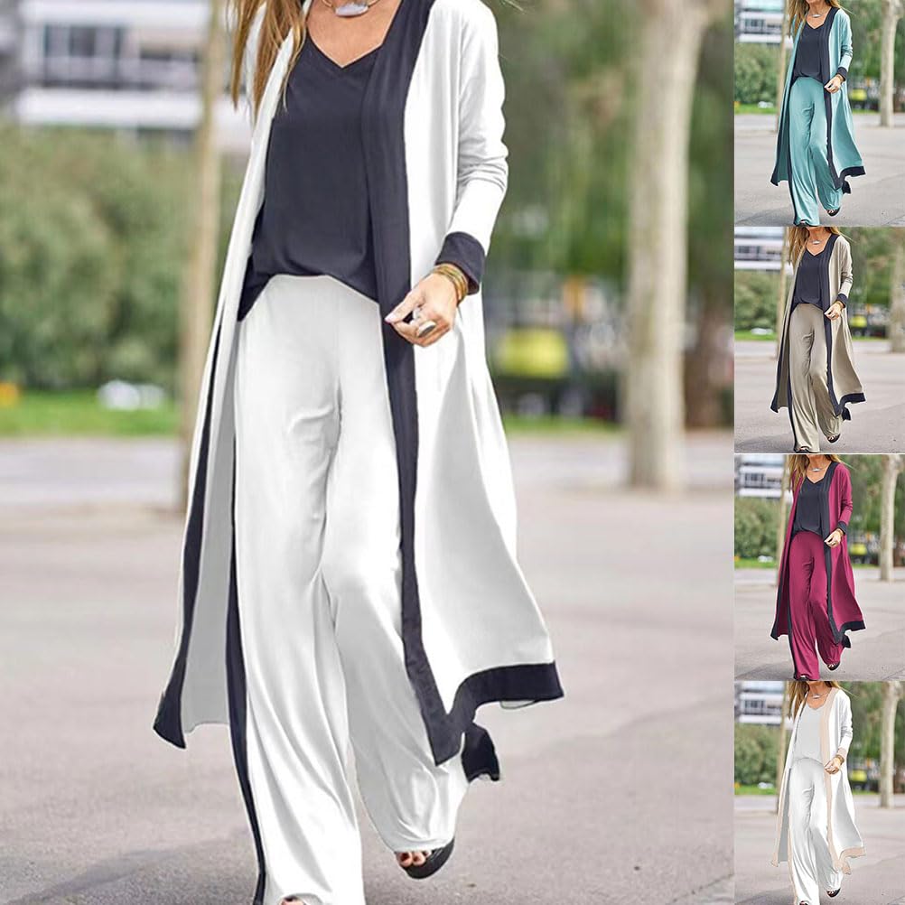 shownicer Pantalone da Donna Completo 3 Pezzi Lunga Cardigan e Casual Vita Alta Gamba Larga Pantaloni e Senza ManicheTop Ampio Outfit