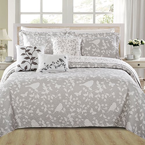 Home Soft Things Birdsong Bedspread Set, Soft Lightweight Reversible Quilt Coverlet Bedspread Bedding Set Cover For All Season, Oversize 122" X 106", Grey #TOP1
