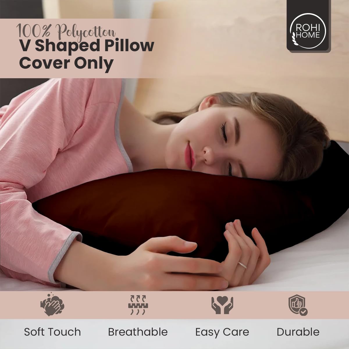 Rohi Chocolate V Shaped Pillowcase, Soft & Breathable V Pillow Cover, Hypoallergenic Triangle Pillow Case, Envelope Closure - Image 2