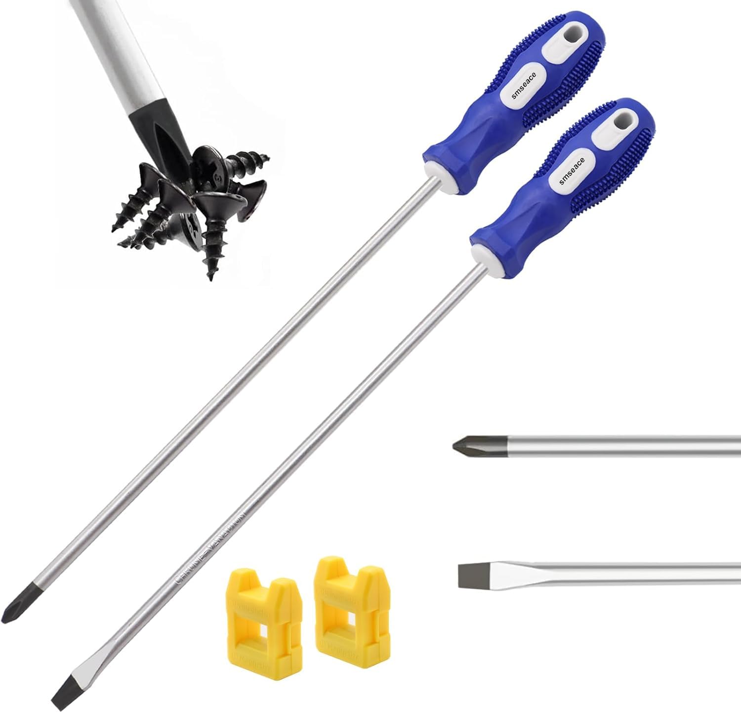 mxuteuk 2-Pack 12-Inch Slotted & Phillips Screwdriver Set, Long Flat Blade & Cross-Head Design, Magnetic Extended Screwdriver with Rubber Handle