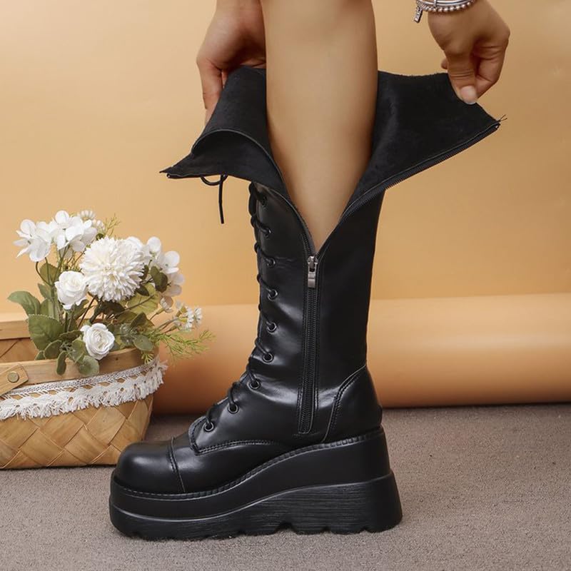 SHEMEE Women's Platform Wedge Heels Knee High Boots Goth Biker Motorcycle Boots Lace Up Combat Boots Chunky Zipper Punk Tall Boots4