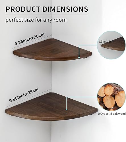 Miniatura 5 de Estantes esquineros, estante de esquina flotante, juego de 2 estantes de pared de esquina de madera de roble macizo de 10 pulgadas, extremo redondo