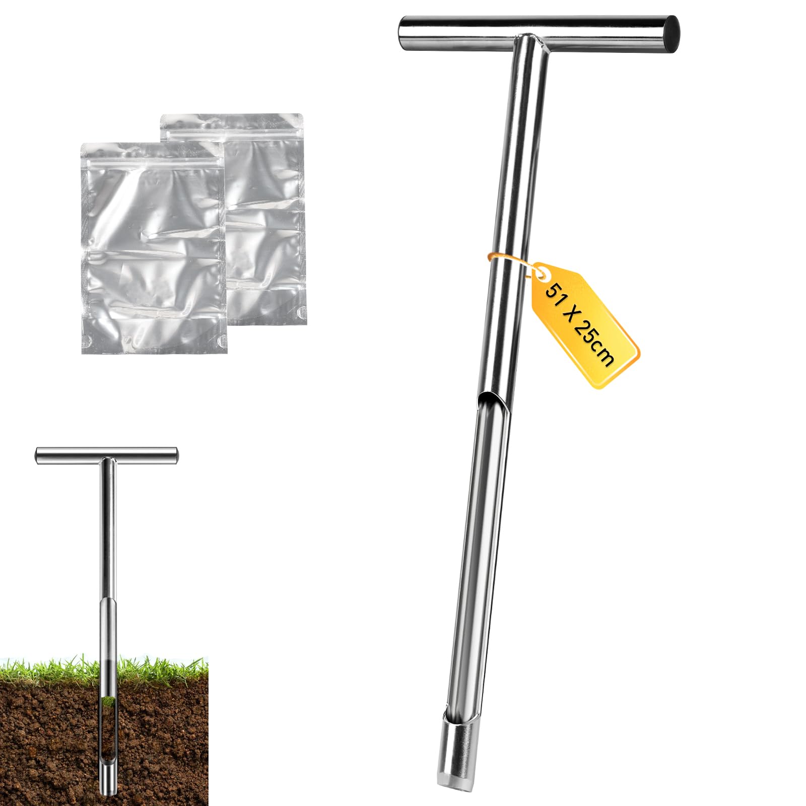 Muestreador suelo 51 cm acero 304 - Sonda en T 2.5 mm con 2 bolsas para análisis de suelos agrícolas, forestales, jardinería