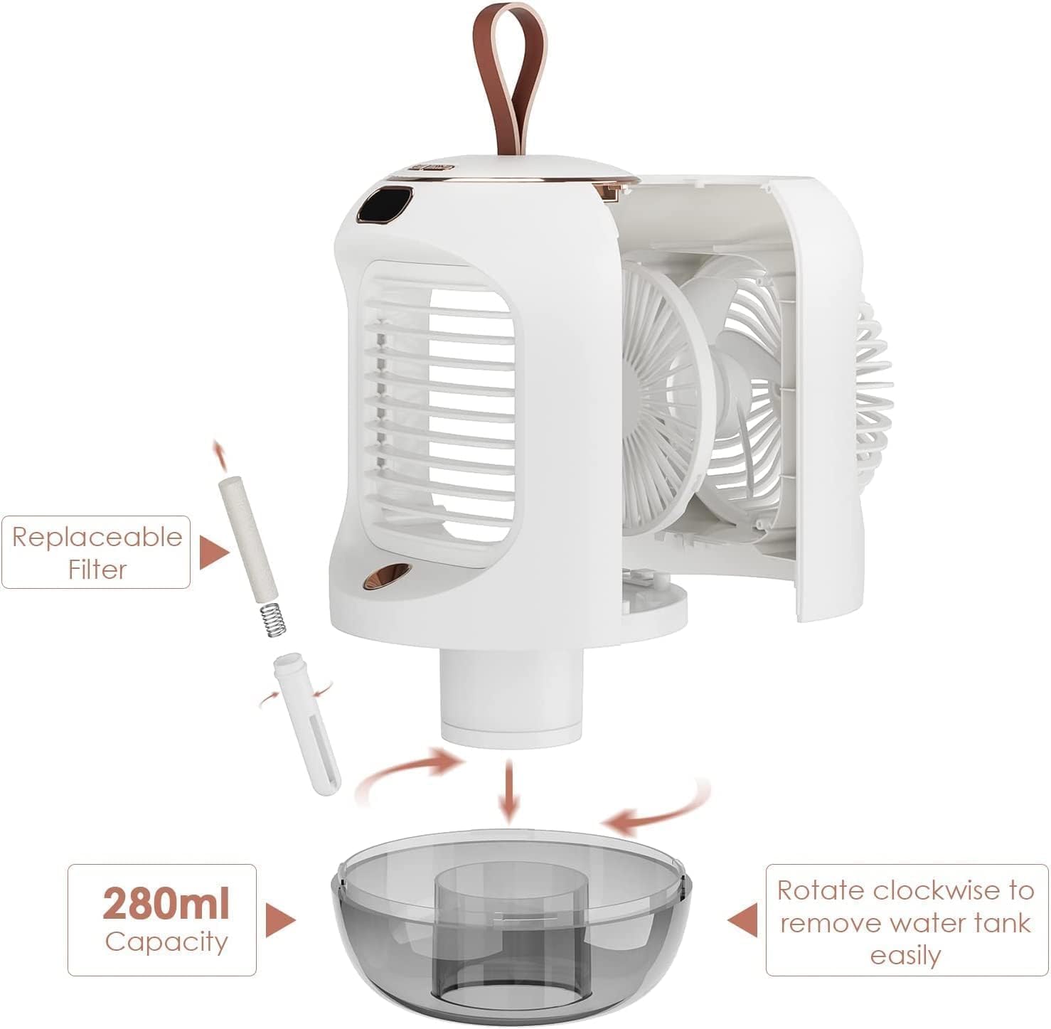 Aire acondicionado portátil giratorio, multifuncional USB Mini Air Cooler con 3 velocidades, luz nocturna, oscilante de 180°, portátil, enfriador de aire personal para habitaciones, oficinas