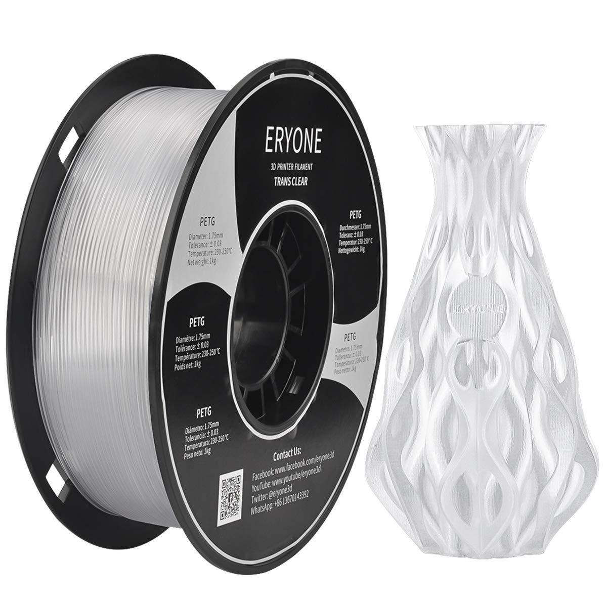 ERYONEPETG Filament, 1.75mm±0.03mm Filament for 3D Printer, 1KG(2.2LBS)/ Spool, Clear