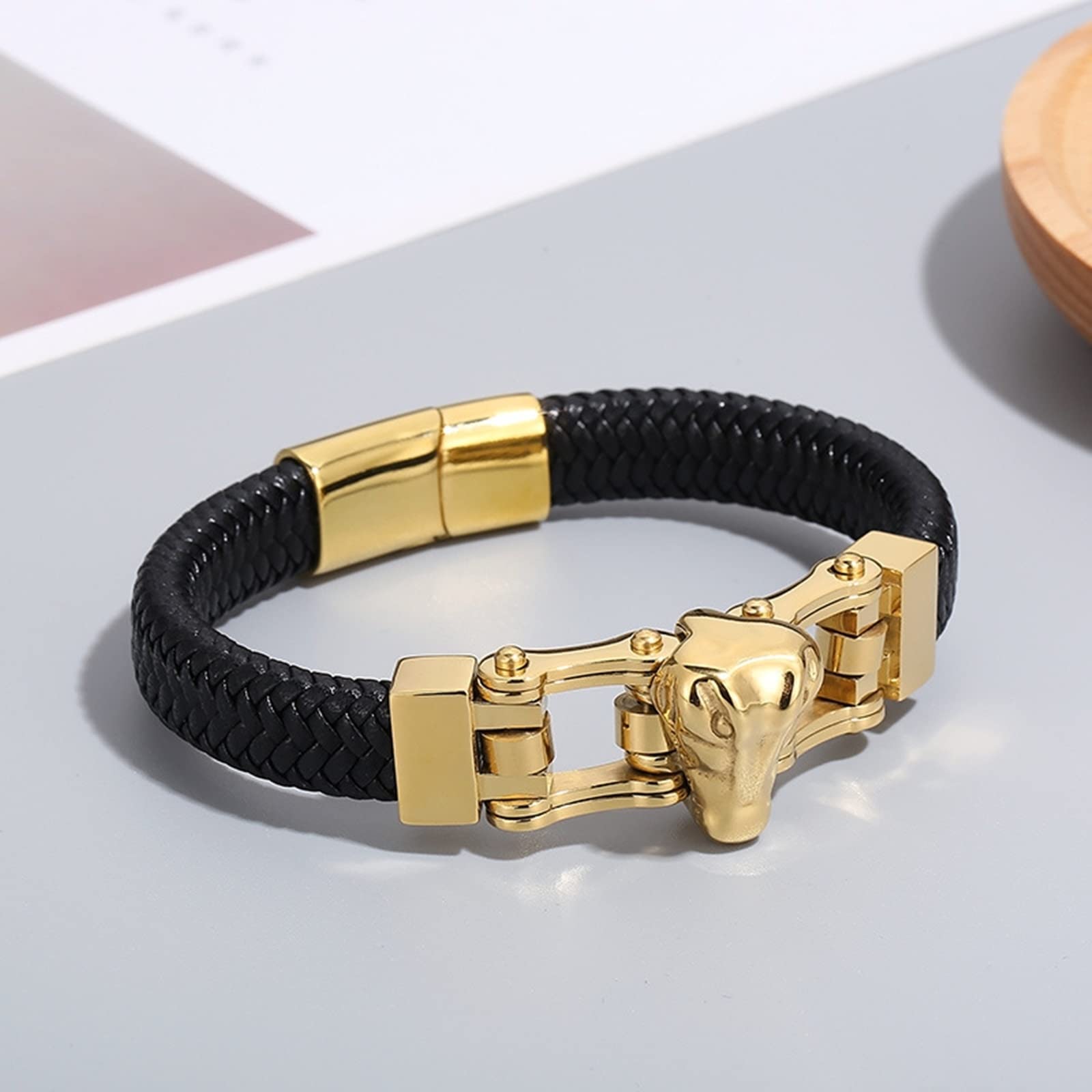 Bracelet pour Homme Saint Valentin, Bracelet Or Noir Acier Inoxydable Cuir Tressage de Panier Crocodile Promettre Cadeau Bijoux Homme 21cmx12mm
