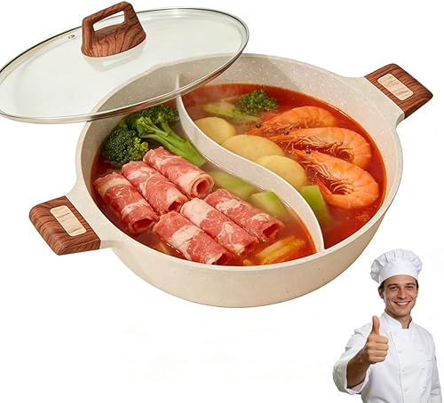 Hot Pot with Divider Inside, Divided Shabu Shabu Pot for Cooking, Two Sided Sauce Pan with Glass Lid, Dual Stockpot, Soup Cookware for Induction