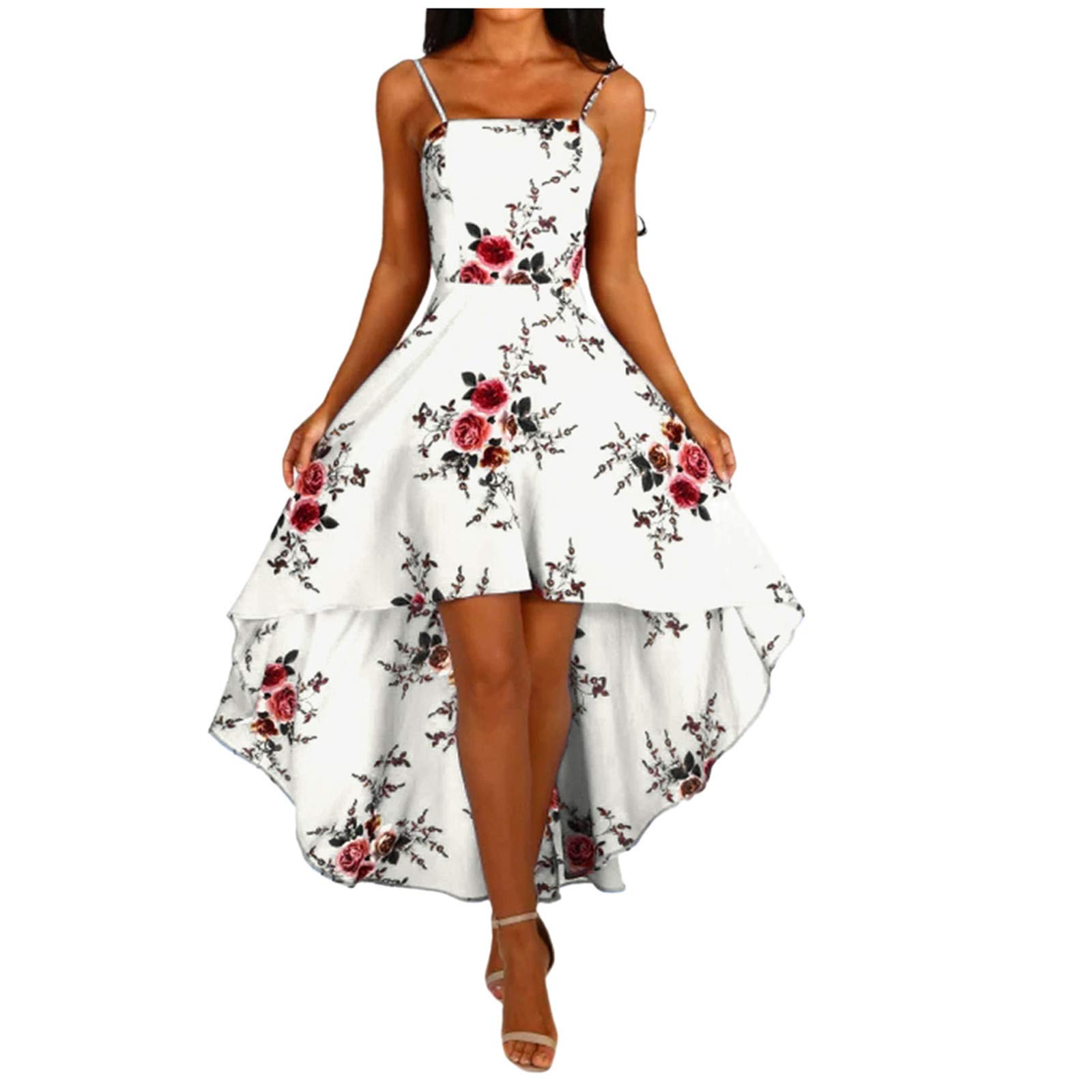 Damen Kleid Sexy Ärmellos Rückenfrei Sommerkleider Spaghettiträger Damenkleid Elegant Partykleid Festlich Hochzeit Vorne Kurz Hinten Lang Abendkleid A-Linie Trägerkleid Blumenkleid