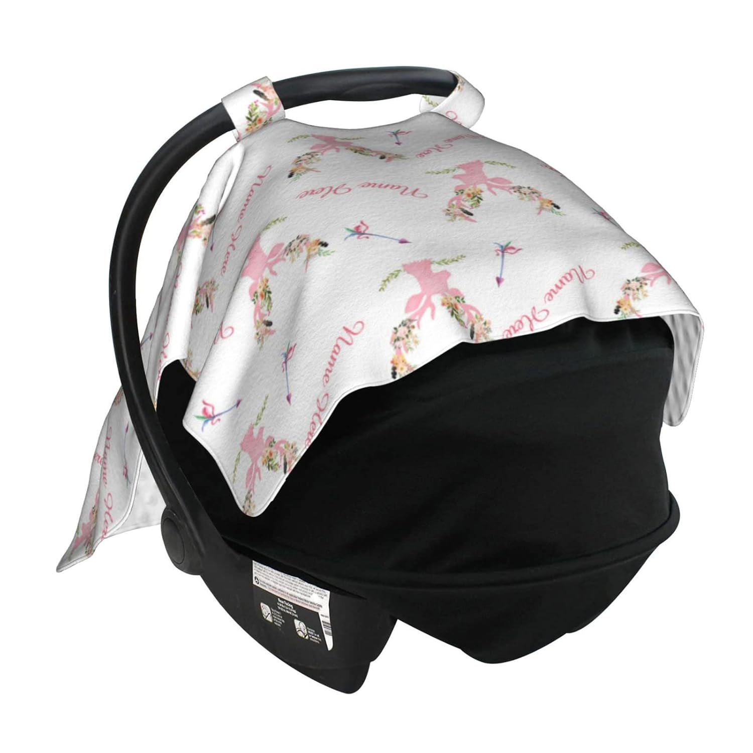 Custom Baby Name Car Seat Covers for Babies, Carseat Canopy, Peekaboo Opening Minky Nursing Breastfeeding Cover Infant Canopies for Baby Girls Newborn (Print Girl Antler Flowers, Pink Minky Dot)