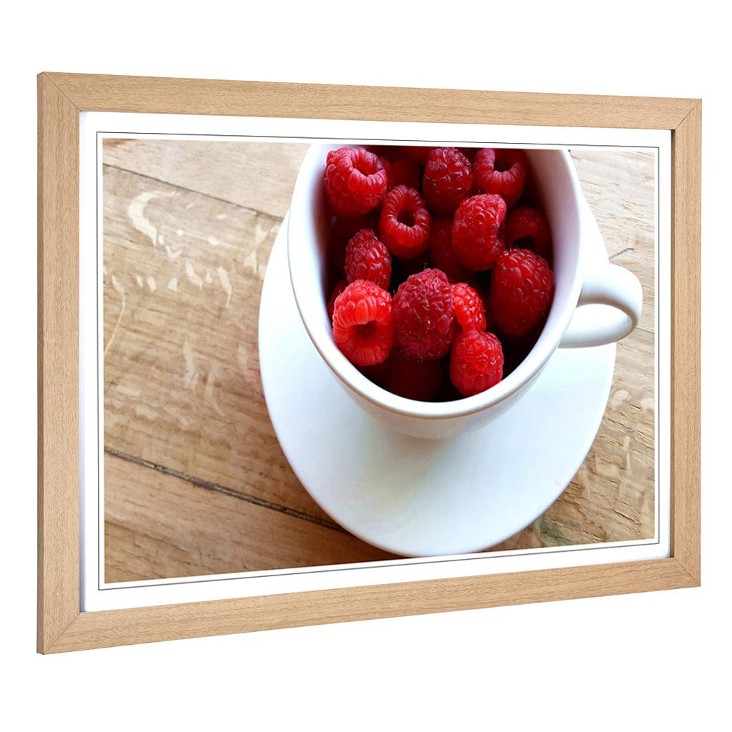 Big Box Art Framed Print of Rasberries in a Cup Design | Wall Art Picture | Home Decor for Kitchen, Living, Dining Room, Lounge, Bedroom, Hallway, Office, Oak, A2 / 24.5x18 Inch / 62x45cm
