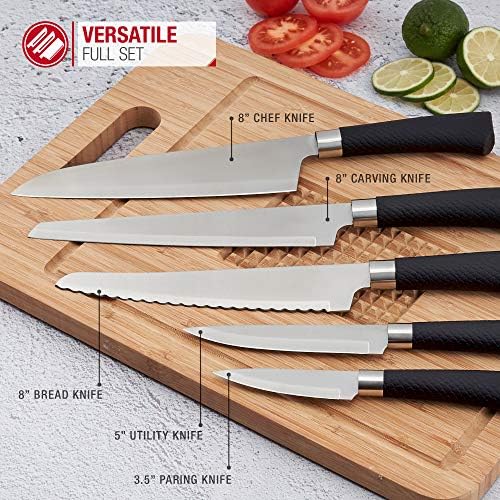 NETTA Kitchen Knife Set with Block  6 Piece Stainless Steel Including Block  5 Knives with Ergonomic Soft-Grip Handles and Safe-Storage Knife Holder  Black