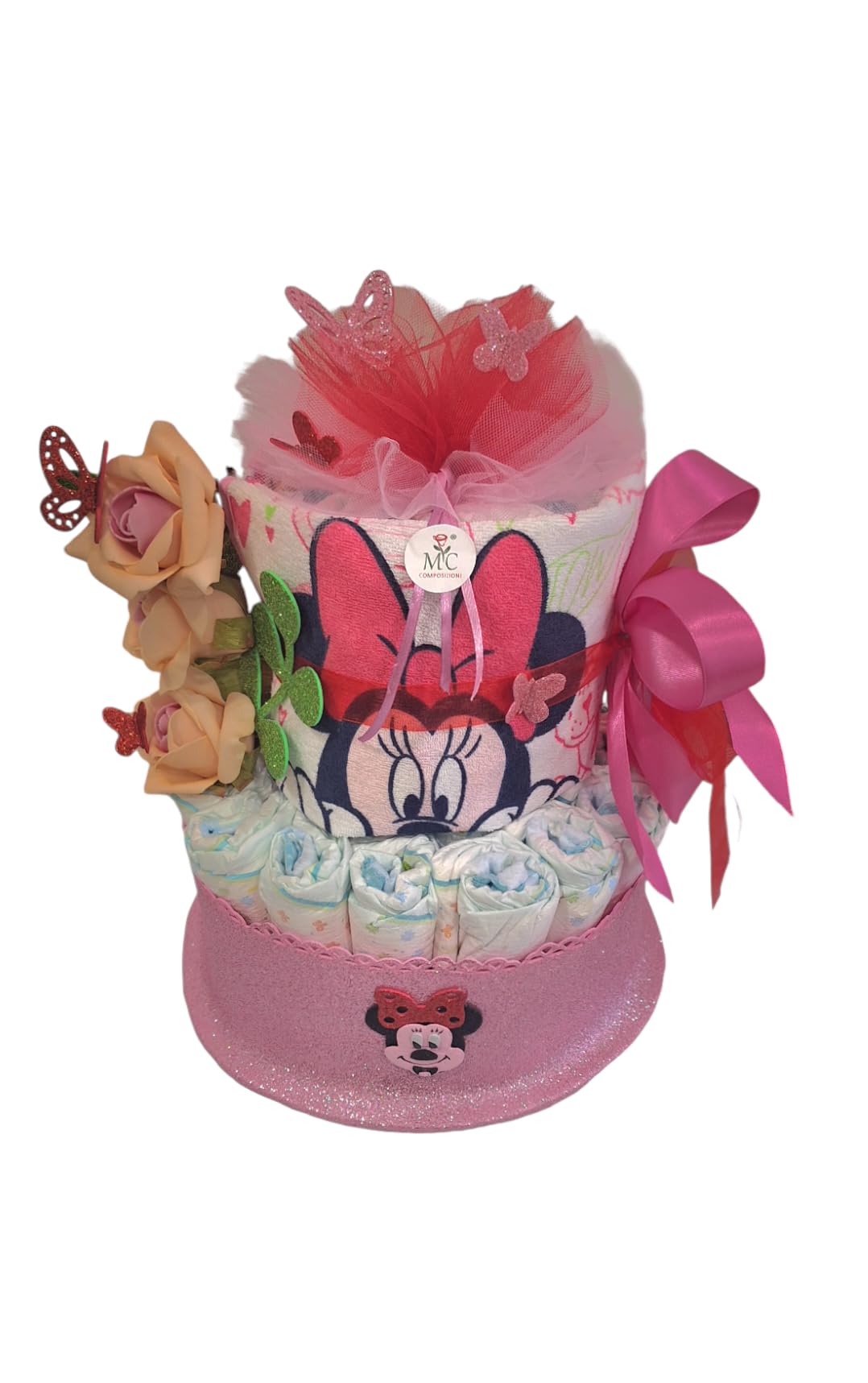 MC® Torta di Pannollini Rosa Composta da 30 Pannollini su due piani e 2 Bavette regalo per nascita battesimo compleanno mc composizioni