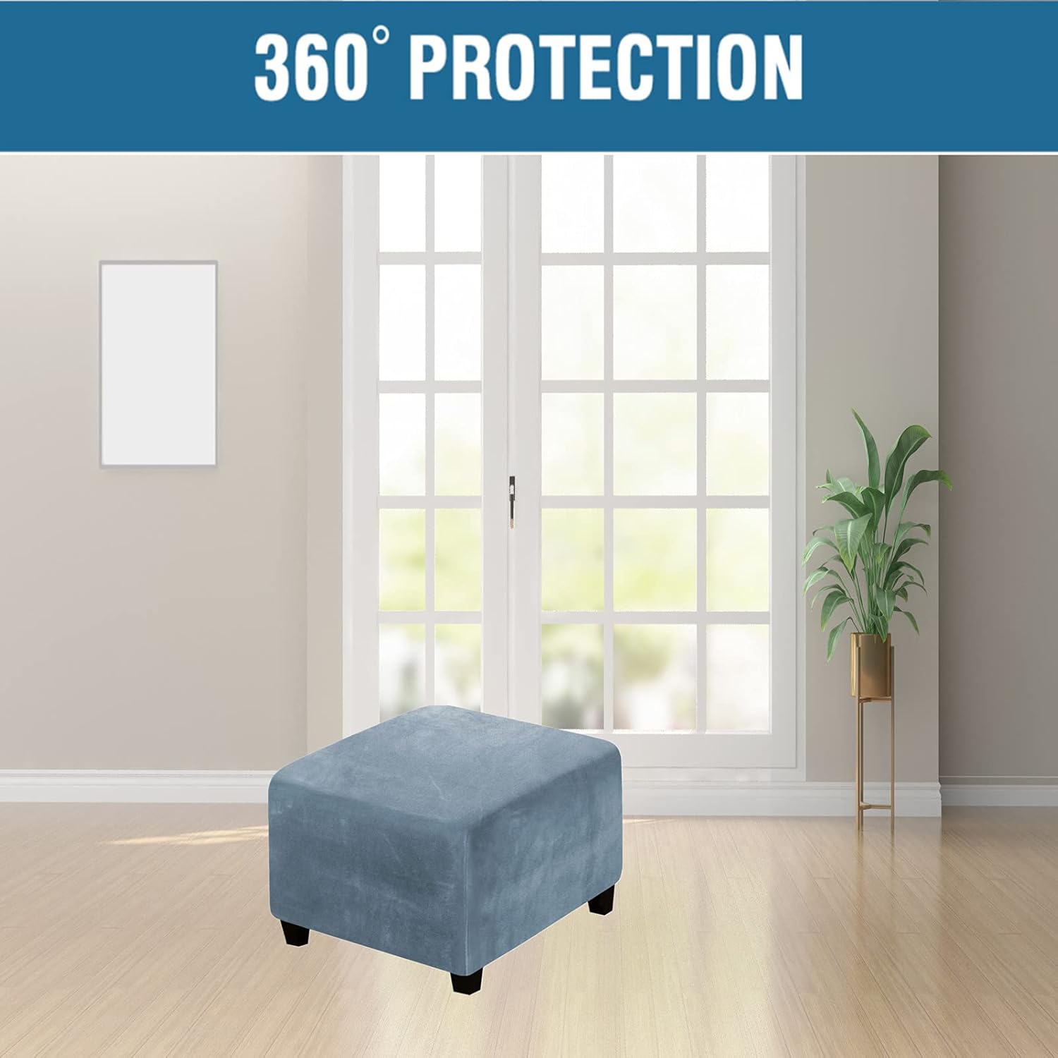 Velvet Ottoman Slipcover Stretch Square Footstool Slipcover Folding Storage Ottoman Covers for Living Room with Elastic Bottom (Dusty Blue)