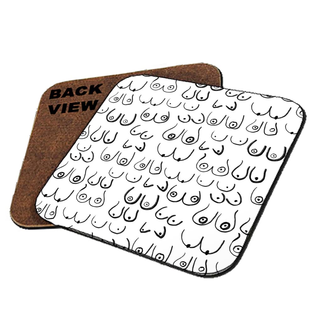 Boobs Pattern - Black and White line Drawing, Life Drawing, Feminine Art Coaster, Tableware, Drinks Coffee-Tea Coaster. (Square Coaster MDF)