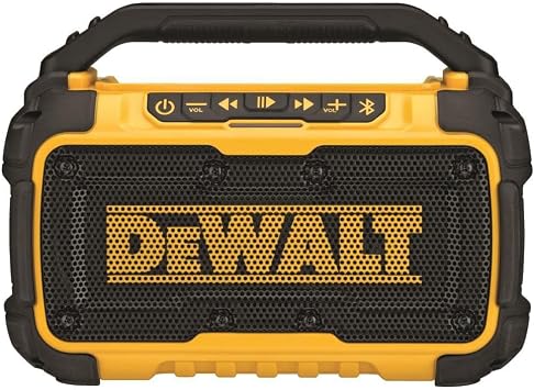DEWALT 20V MAX Bluetooth Speaker, 100 ft Range, Durable for Jobsites, Phone Holder Included, Lasts 8-10 Hours with Single Charge (DCR010), Black Yellow