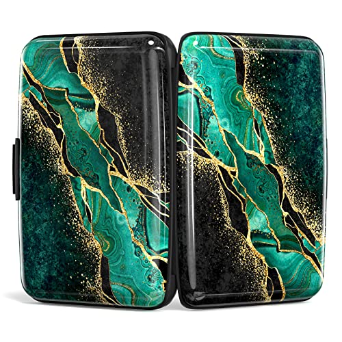 Image of Credit Card Holder, Mini Aluminum Card Wallet RFID Blocking Slim Metal Hard Card Case for Women Men, Green Black Marble