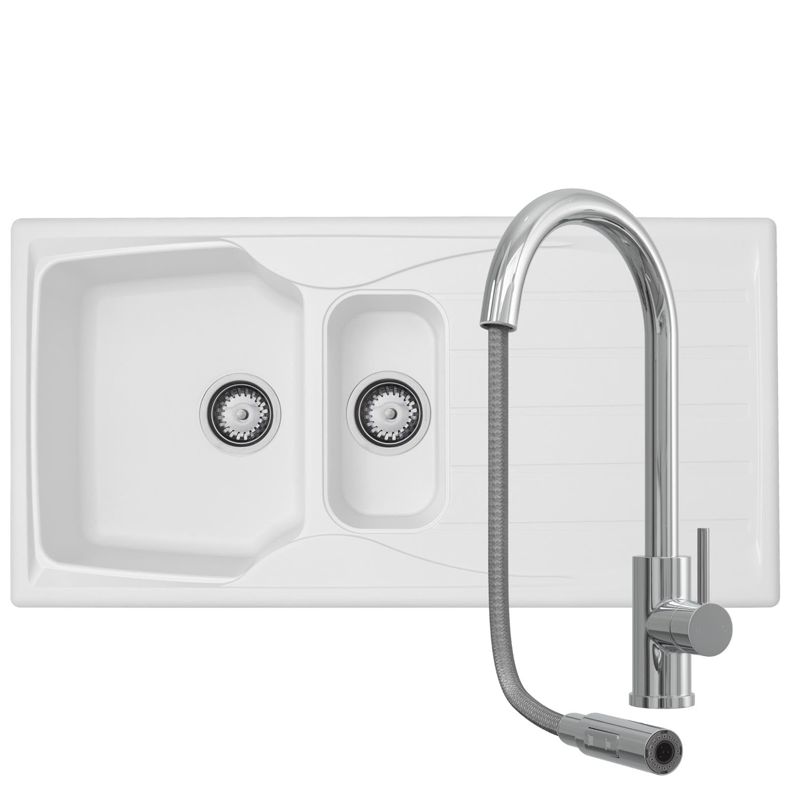 Liquida CMP15WH 1.5 Bowl White Kitchen Sink With CT452CH Chrome Pull Out Tap