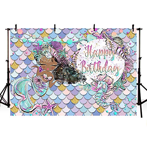 MEHOFOTO 7x5ft Mermaid Black Princess Birthday Pool Party Decoration Photography Backdrop Under the Sea Girl Happy Birthday Shell Gold Sparkle Purple Teal Seahorse Photo Studio Booth Background Banner