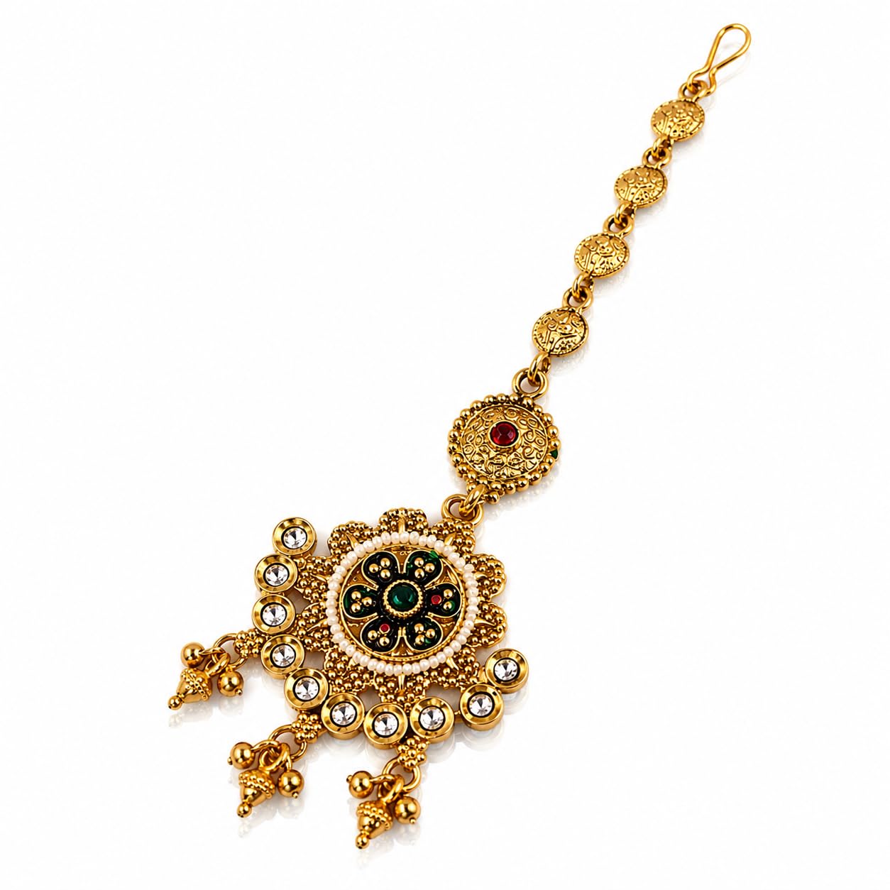gc premium jewellery Gold Plated Antique Kundan Maang Tikka for Women | Geometric Floral Matha Patti Design with Enamel Work, Beads & Ghunghri Latkan | Traditional Lattest Trendy Fashion Jewellery-picture-12
