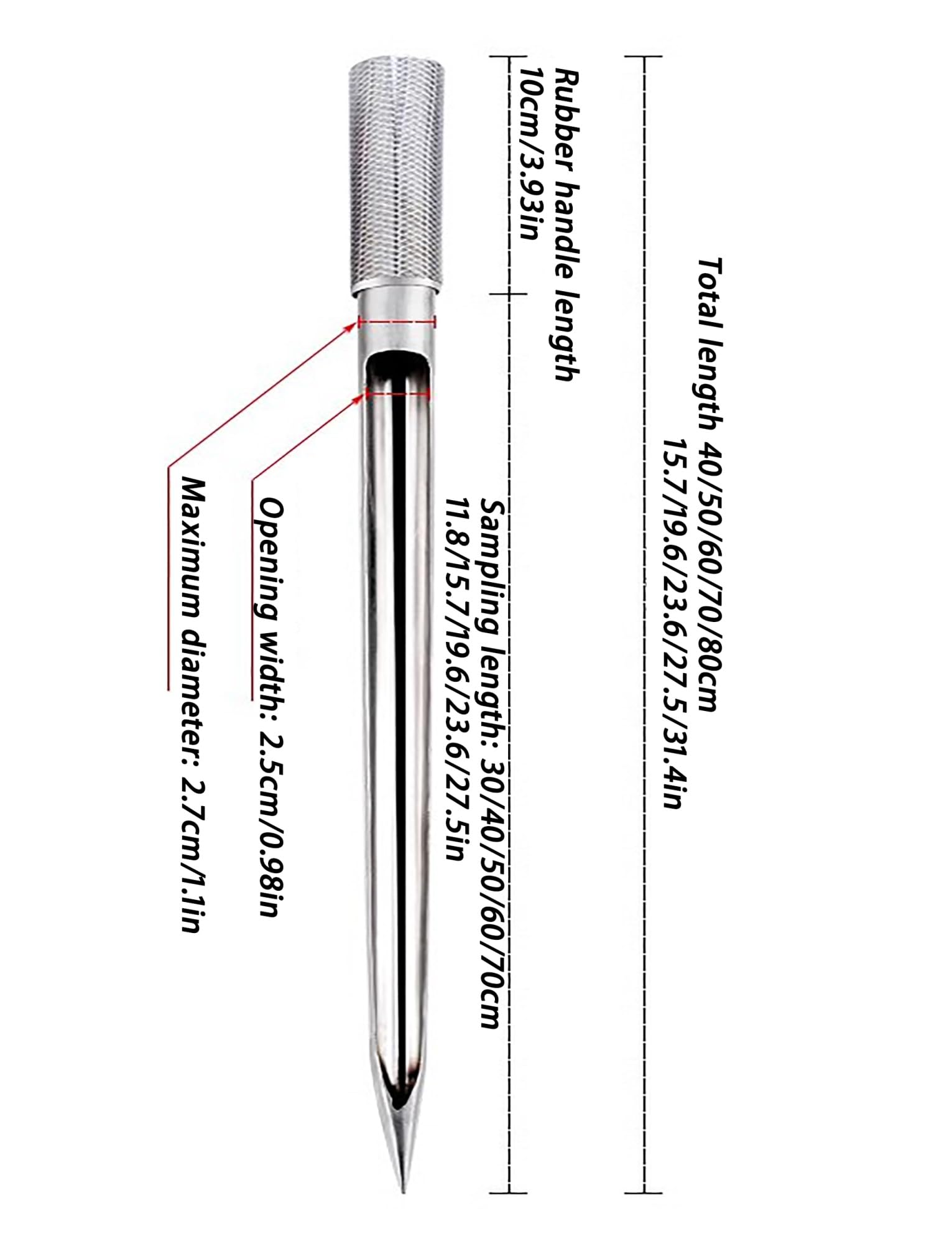 Sonda do pobierania próbek gleby, pręt sondy do próbnika gleby, sonda do próbnika ziarna ze stali nierdzewnej do nawozów roślin i proszku z uchwytem 40-80 cm (25 mm, 40 cm)