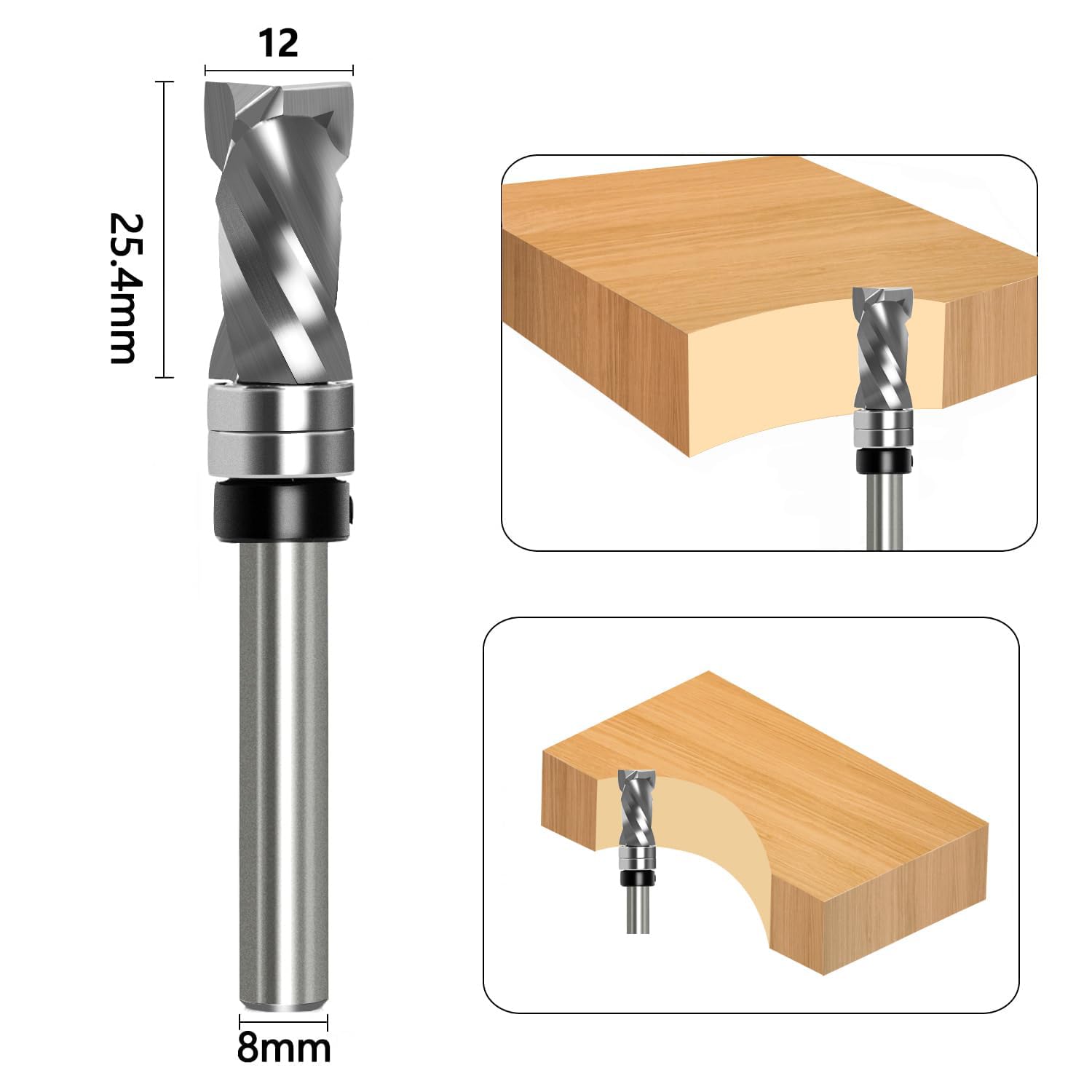 Bündigfräser Spiralfräser 8mm Schaft - Up&Down Kompression Spiralnutfräser, 12mm Schnittdurchmesser, 25.4mm Schnittlänge, mit Doppeltem Kugellager, Spiralgenutet OberfräSe Fräser für Holzfräser