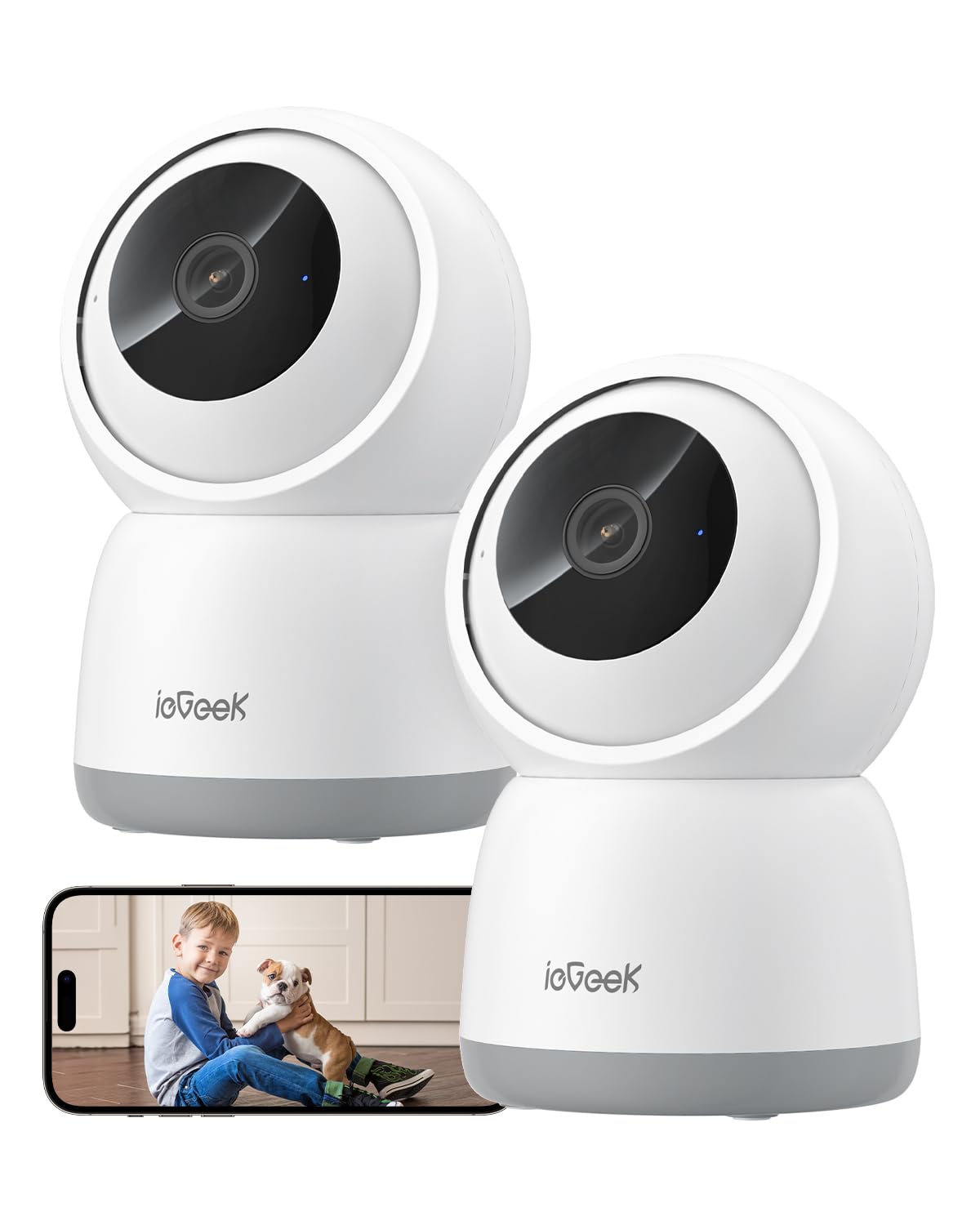 ieGeek 2K Telecamera WiFi Interno 2,4/5GHz, Videocamera Sorveglianza Interne con Tracciamento Automatico e Rotazione a 360°, Registrazione 24/7, Visione Notturna, Audio Bidirezionale, SC1, Bianco/2pcs