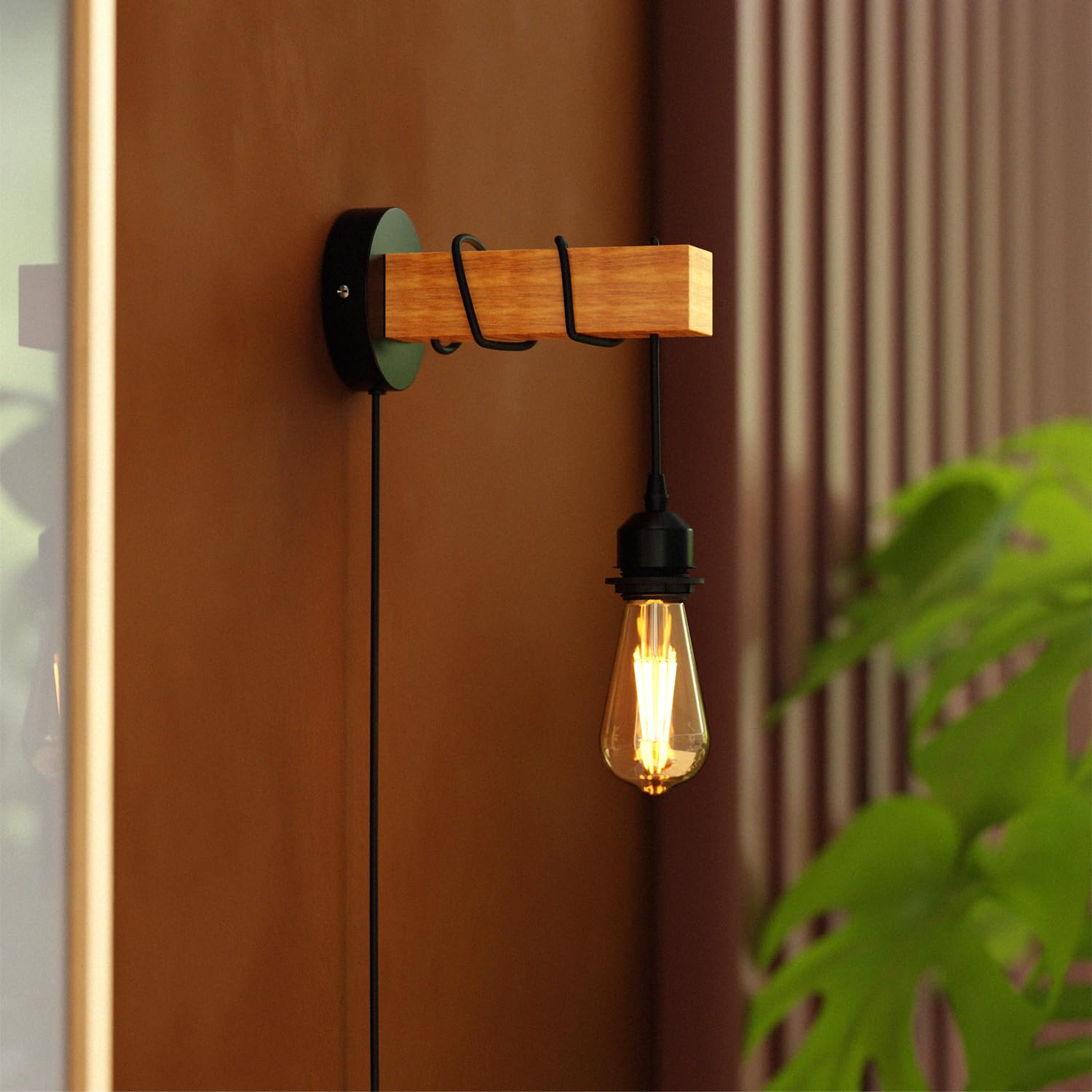 DC VOLTAGE Industrial Wall Lights Plug in Wall Light with Switch Indoor Dimmable Wall Lamp Wood Wall Sconces for Bedroom Living Room Stair Kitchen - Black (Wall Lights 2)
