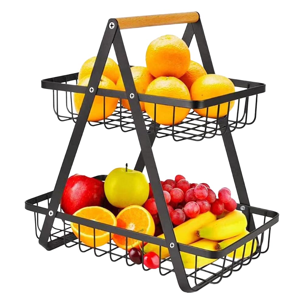 Black Fruit Basket,Detachable Metal Fruit Bowl Holder with Handle,Portable Modern Countertop Vegetable Rack for Bread Storage,Kitchen Storage & Organisation in Home,Kitchen,Office (Black-2 Tier)